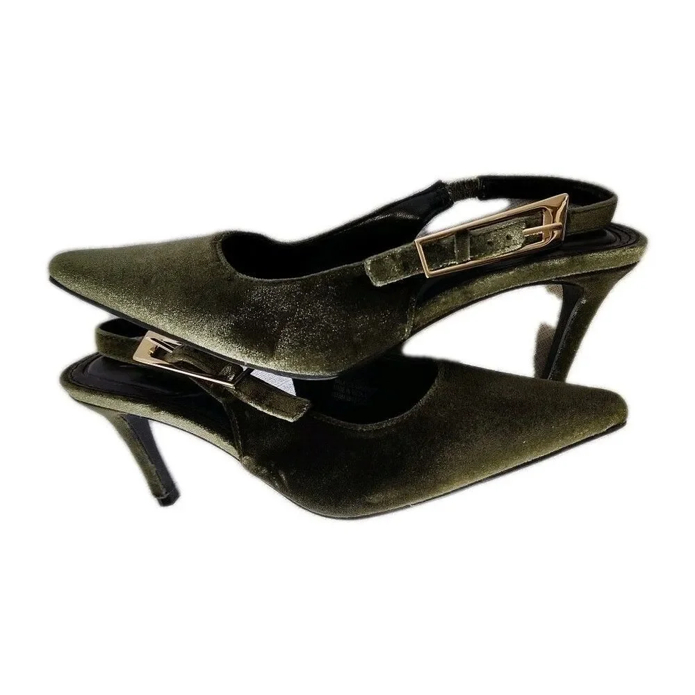 Women Size 7 Shoe New Green Velvet Slingback Buckle Witchy Fairycore Renaissance